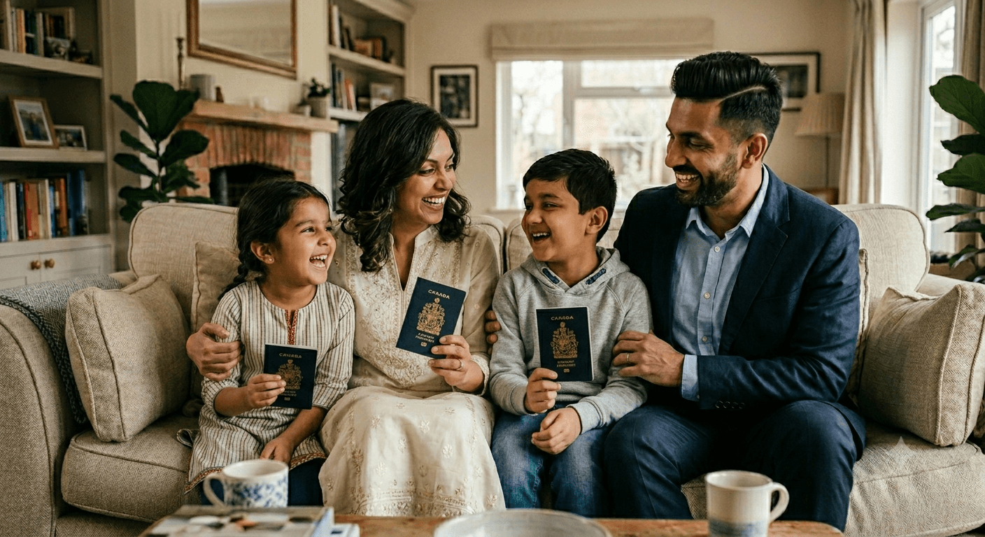 Family holding Canadian passports after immigration planning