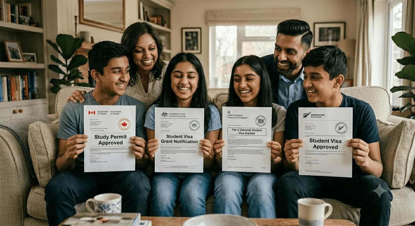 Students holding study permit and student visa approval letters with family